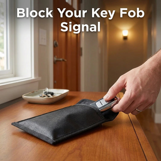 Person using a key fob blocking device on a table with text 'Block Your Key Fob Signal'.
