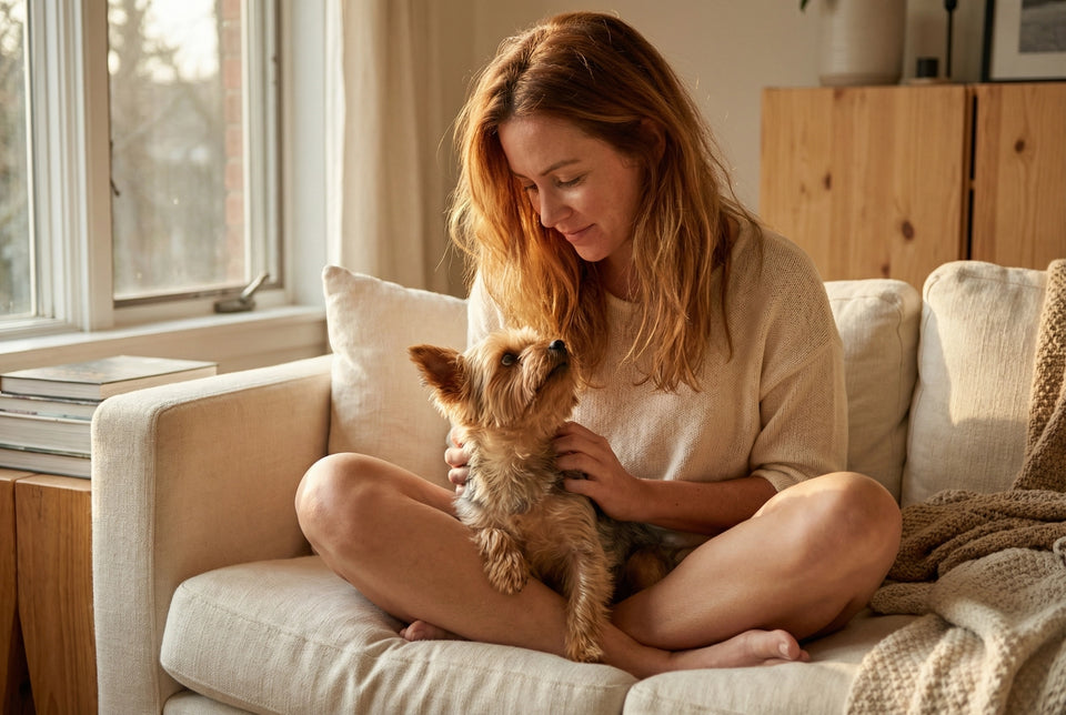 Dog parent with dog, tender moment