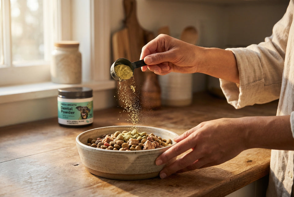 One scoop of powder onto dog food
